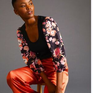 Anthropologie Black Blouse with Pink and Orange Floral Sleeves